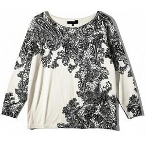 Susan Graver Lace Print Fine Knit Sweater Ivory Boat Neck Plus 1X